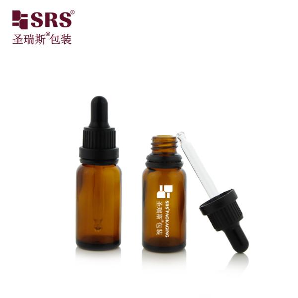 D005 Logo imprimé en ambre Impression par écran de soie Noir caoutchouc plastique épaule gouttelier Couvercle Bouteille en verre pour l'essence capillaire