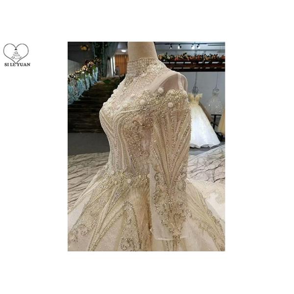 High Neck Ivory Ball Gown Wedding Dress Backless Long Sleeve Gold Beading