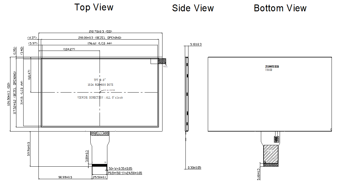 500 Cd/M2 9.0 Inch IPS LCD Display 1024×600 Resolution Two Wheeler TFT Module
