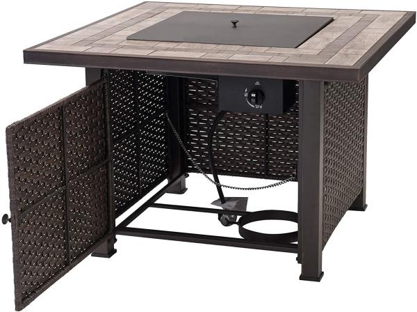 Square Tile Top Modern Propane Fire Pit With All Weather Wicker Powered Brazier