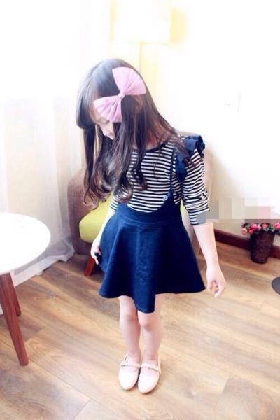 2016 Fashion Girl Colorful Kid's Dress long sleeve Blue and White Stripe Dancing DressT023