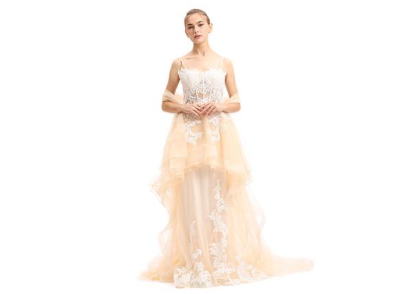 Ladies Shoulder - Straps High Low Prom Party Dress With Embroidery Decor