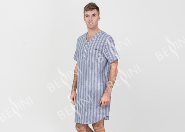 Stripeed Design Mens Short Sleeve Nightshirts Button Placket Embroidery Curved Hem