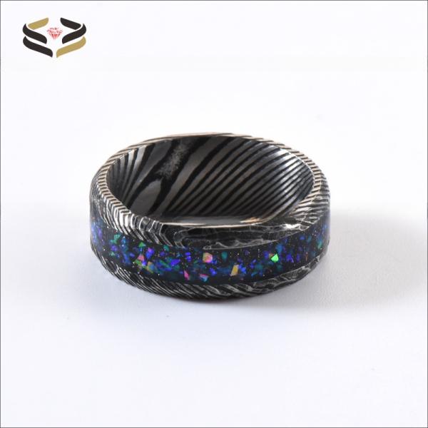 Anillo de boda de acero de Damasco de 8 mm, galaxia ópalo con incrustaciones para hombres
