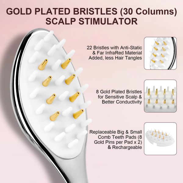 1.8W LED Light Therapy Electric Massage Hair Brush with EMS Microcurrent and Removable Comb