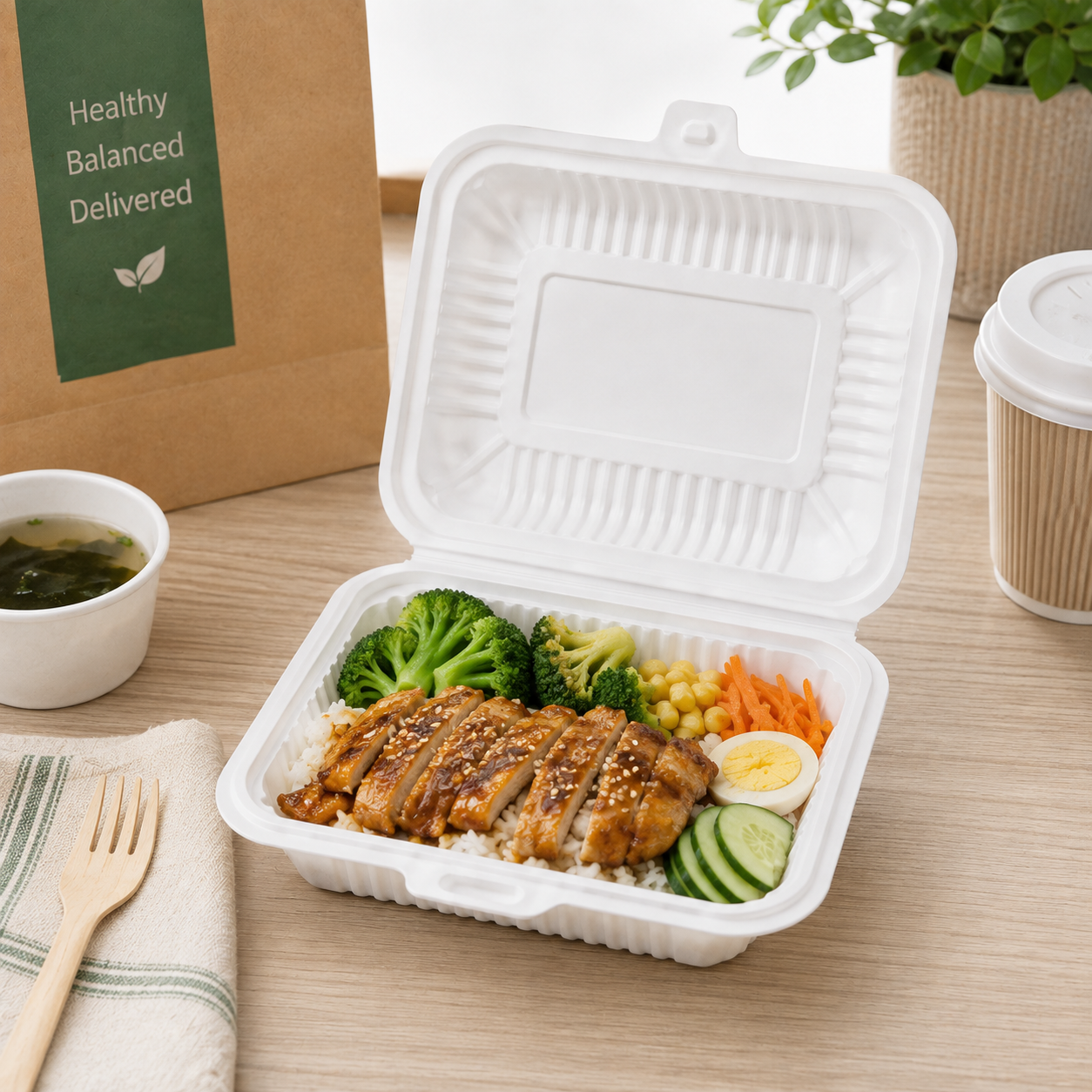 White PP Clamshell Takeout Containers 600ml for Restaurant Meals / Food Delivery