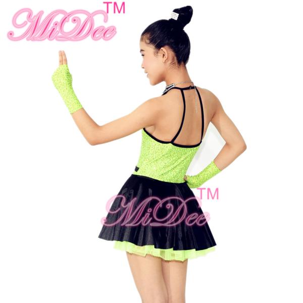 Fancy Polyester Lycra Girl Jazz Dance Dress With Rhinestones Choker Collar