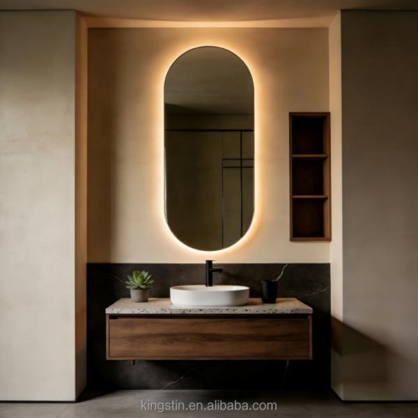 Kingstin Modern Anti Fog LED Backlit Vanity Mirror Light Smart Wall Cabinet Arched Bathroom Mirror for Hotel Use