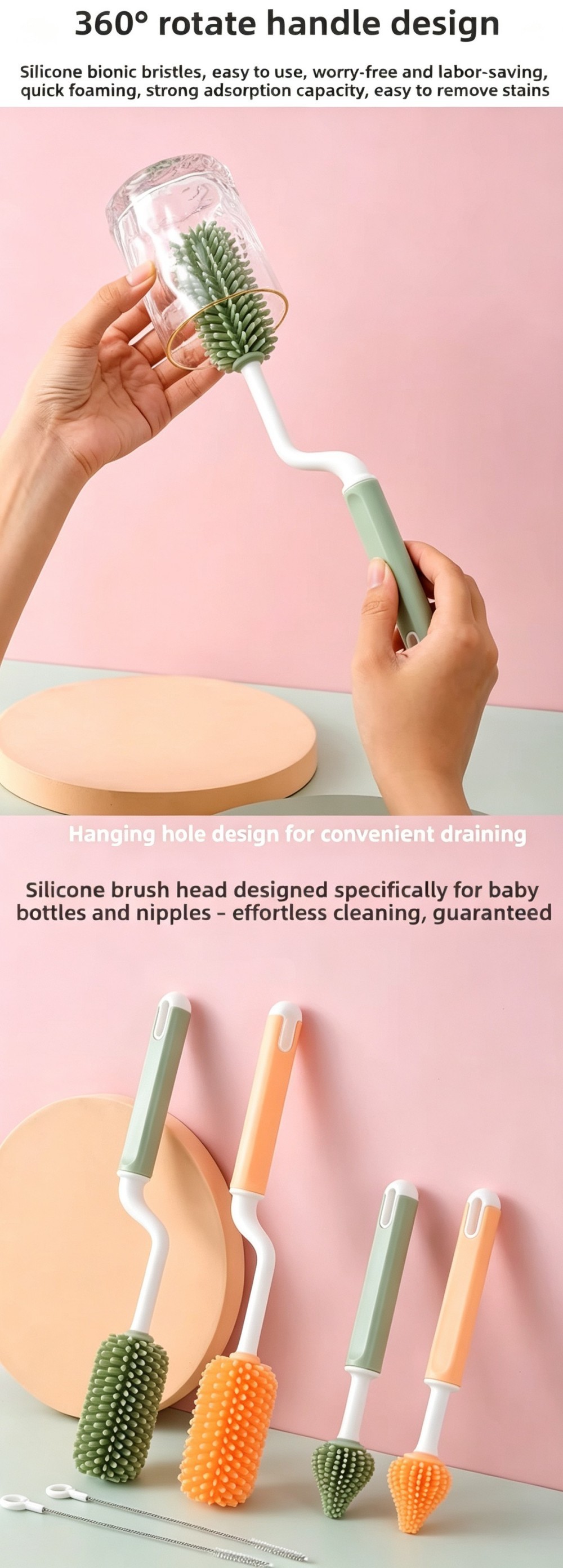 360 Degree Rotation Silicone Bottle Cleaning Brush Set For Nipple Straw