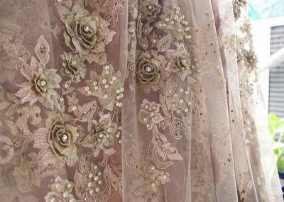 120cm Wide 3D Flower Lace Fabric , Polyester Bridal Metallic Gold Lace Fabric