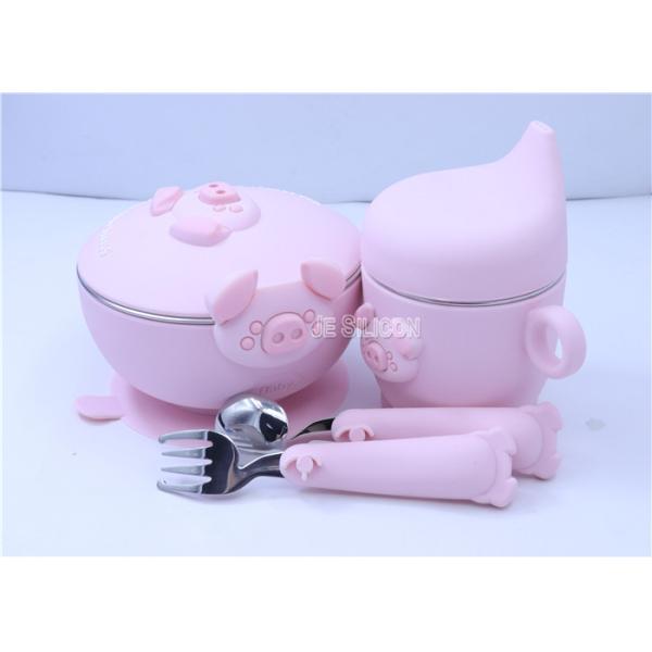 Pig Shape Pink Silicone Baby Feeding Set , Silicone Plates And Bowls FDA Approved