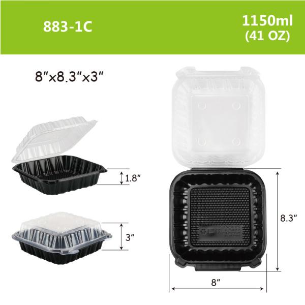 Transparent/ Black Transparent Disposable Food Box Microwave Safe Feature,PP Hinged Lid Clamshell Container,8”x8.3”x3”