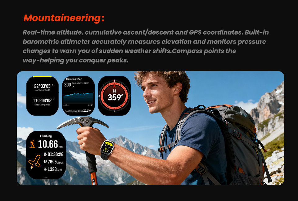GPS Smart Watch C32 Pro 2ATM Waterproof Sports Watch Barometer Altimeter Compass 100+ Fitness Modes Running Cycling Answer Call