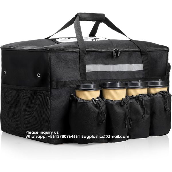 Insulated Food Delivery Bag With 4 Cup Holders/Drink Carriers, Large Catering Thermal Bag, Pizza Warmer Carrying Case, Insulated Hot & Cooler Bags For Beverages, Grocery, Food Transport