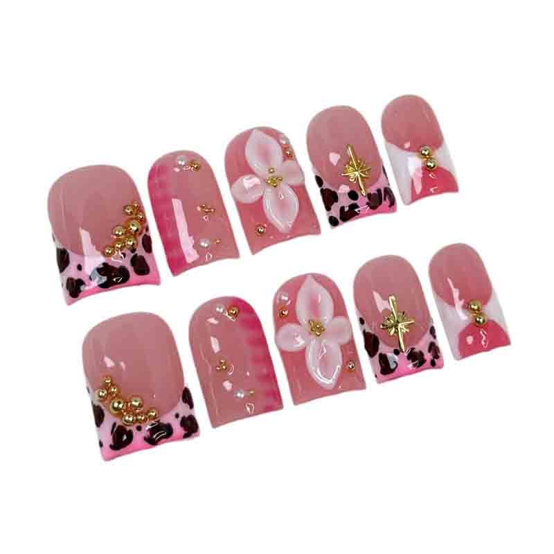 Wholesale Medium Square Handmade Fake Nails Pink Leopard Print 3D Floral Decor