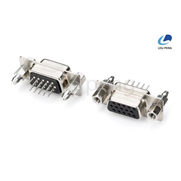 15pin D-SUB Connector female, 180 degree, Machine PIN, plugboard, half-gold, black Insulator, 6.0mm brass post, locking screw.
