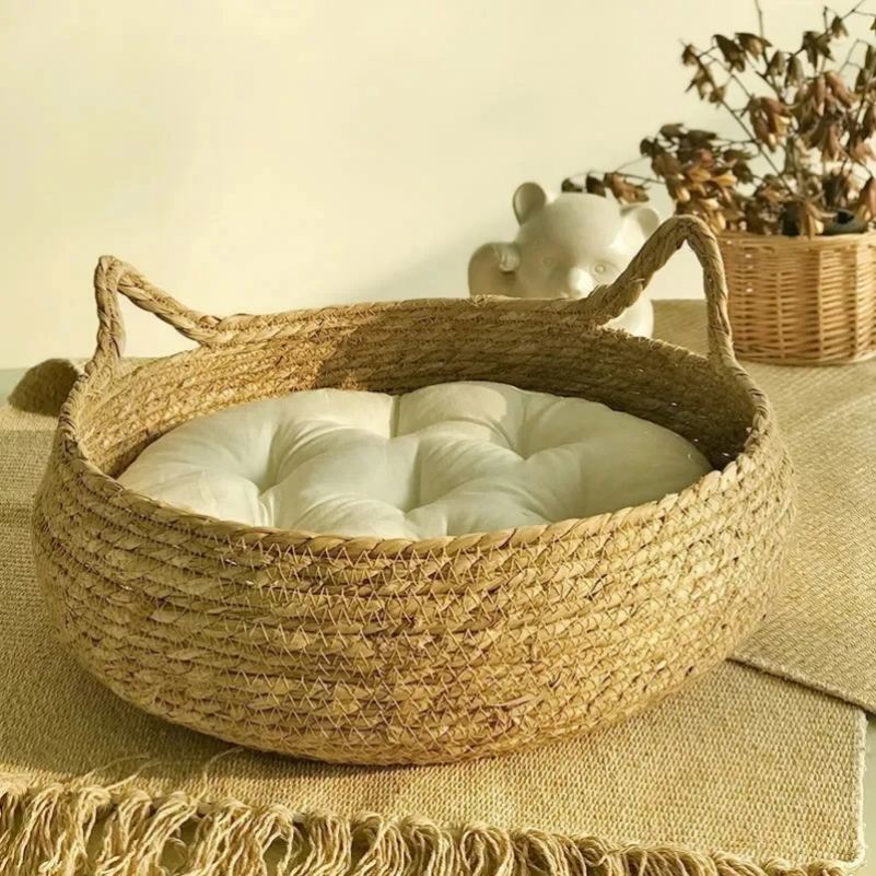 Pure Hand-Woven Rattan Cat Nest Universal Warm Pad for Small Animals Four Seasons Removable Washable Winter Pet Supplies Solid