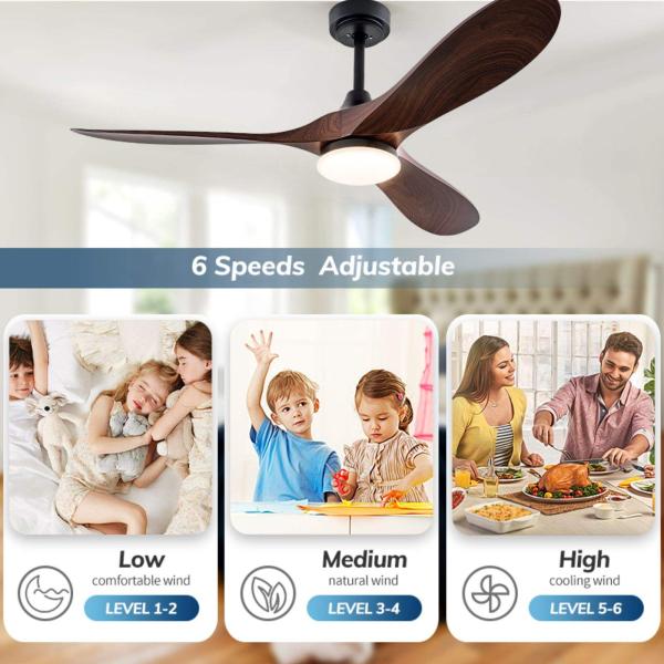 Ventilateur de plafond HFBH Modèle 666 52 pouces pour salon Lamelle en bois massif BLDC Ventilateur de plafond à noix moteur avec lumière