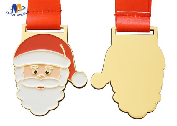Santa Claus And Christmas Metal Stock Medals With Enamel And Sublimated Ribbon