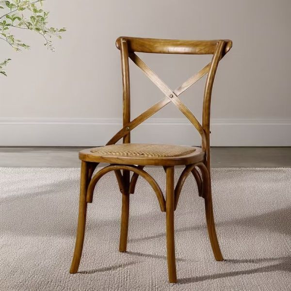 New Arrival Rustic Wooden Cross Back Chair with Woven Rattan Seat for Cafe Bistro Restaurant Commercial Wedding Dining Use