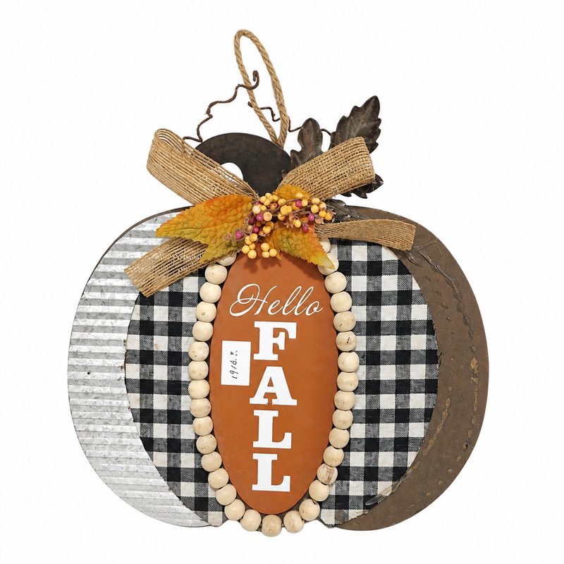 Custom Hello Fall Plaid Pumpkin Hanging Door Sign