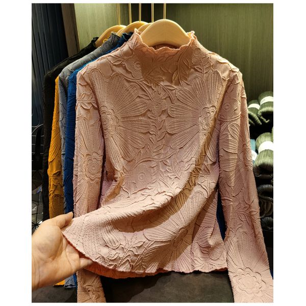 Japanese Pleated Stand Collar Long Sleeve T-shirt Top Printed Pleated Embodying Pleated Process Makes Flower Fashionable