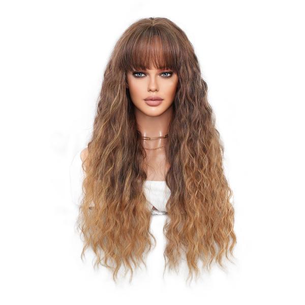 Fashion Long Deep Wave Two Tone Hair Brown/Blonde Synthetic Wigs For Women