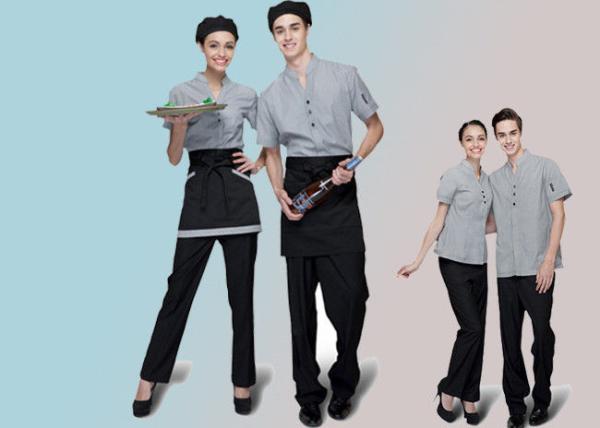 100% Cotton Trendy Restaurant Uniforms Lapel With Bow Tie For Restaurant Staff