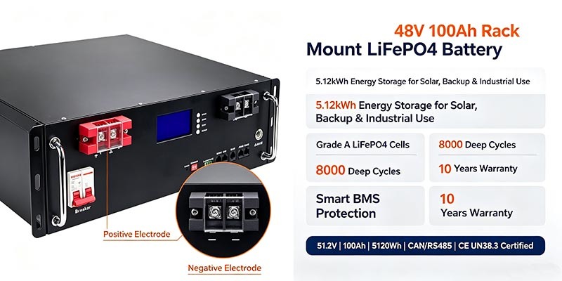48V 100Ah 19‑inch Rack‑Mount Battery 5.12kWh For Server Room UPS Emergency Backup Power