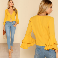 Блузка дизайна нашивки 2019 женщин моды с воротником рубашки