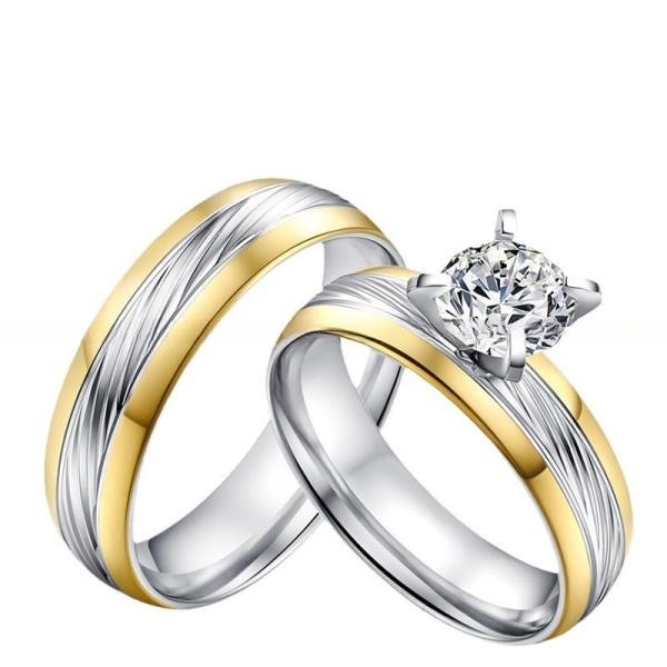Couple Stainless Steel Wedding Band Set Yellow Gold Filled Round CZ for Women Men