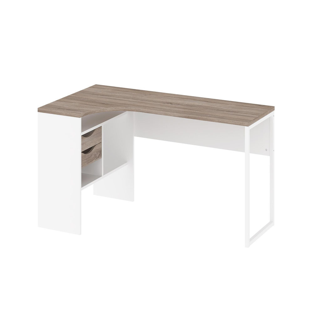 Student White L-Shaped 2-Drawer Computer Desk with Truffle Top and Foldable Design