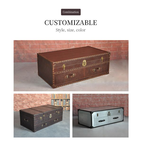 Nidea #8623 American-Style Retro Box-Shaped Handmade Leather Trunk Table for Living Room Home Bars Hotels  Lounges