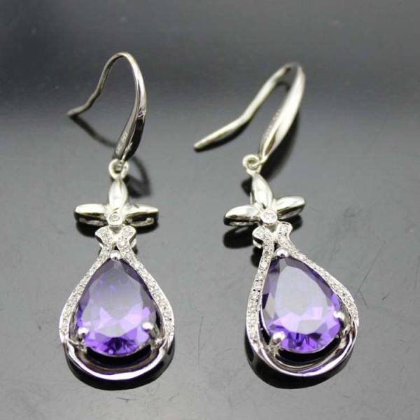 925 Sterling Silver Pear Shape Created Amethyst Cubic Zircon Drop Dangle Earrings  (PSJ04502)