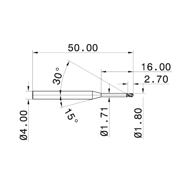 1.80mm 55HRC 2 Flute Cemented Carbide Ball Nose End Mill