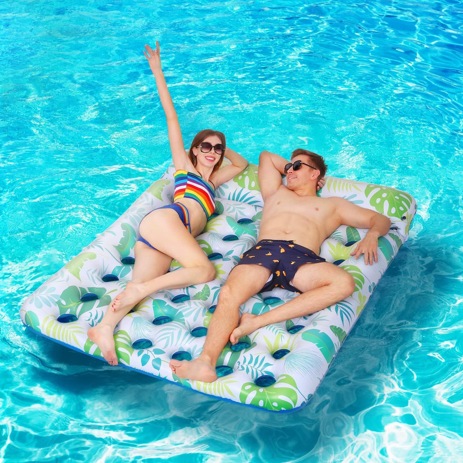 PVC Inflatable Double Hole Floating Raft with Pillow, Customized Hollow Floating Bed, Inflatable Swimming Pool Floating Mat