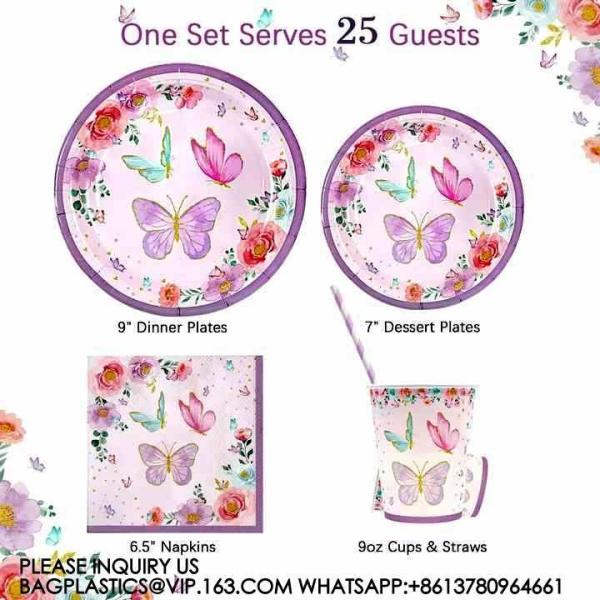 Birthday Party Decoration Festival Tableware Paper Plates Cups Purple Butterfly Party Supplies