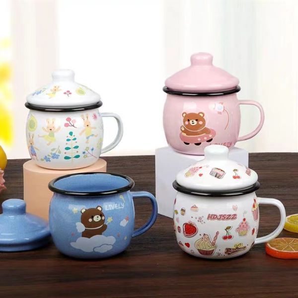 Handmade Customized Enamel Mugs Logo Printing Lovely Cartoon Kids Water Milk Mugs