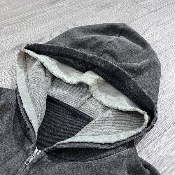 Customized Colors Double Layer Hooded Embroidery Patch Logo Acid Wash Heavy Cotton Zip Up Vintage Hoodie At Affordable