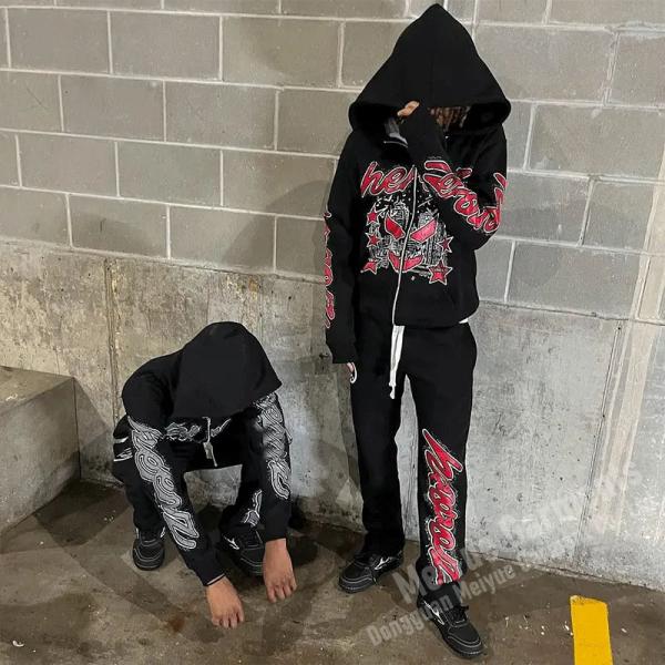 Custom Print Vintage Zipper Rhinestone Hoodies Sweatsuits Unisex Sets Flared Sweat Pants Zip up Hoodie Set Tracksuits for Men