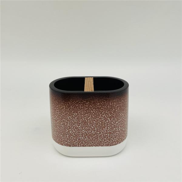 5pcs Ceramic Look Polyresin Bathroom Accessories Set Toothbrush Tumbler Holder With Wood Parts