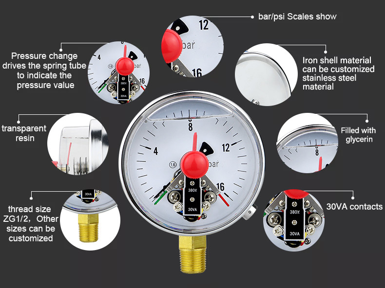 Electric Contact Pressure Gauge 1.6% Precision for M20*1.5 Thread and Vacuum Measurement
