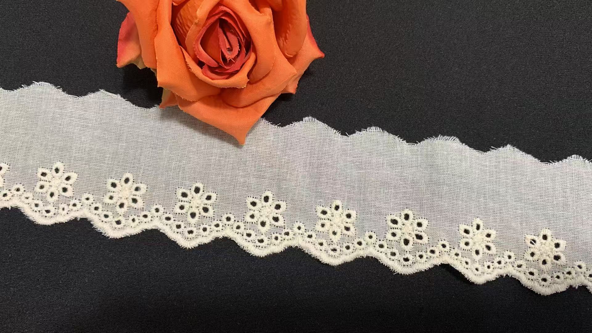 Cotton Eyelet Lace Trim with Small Cluster Floral Embroidery Scalloped Wavy Edge Soft Breathable for Dress Skirt Garment Trimming