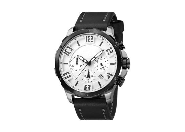 Waterproof Chronograph Wrist Watch Genuine Leather Strap Stainless Steel Screw Crown