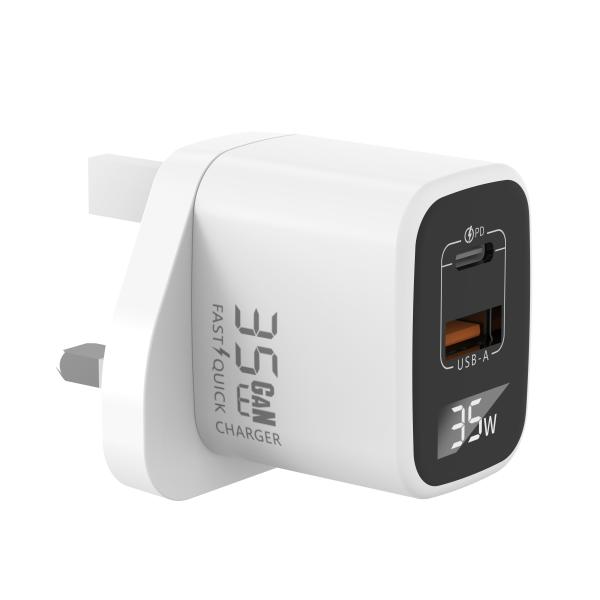 ABS 35W GaN Fast Charger with Digital Display USB-C 30W/USB-A 35W Universal Flash Charge Real-Time Power Visualization