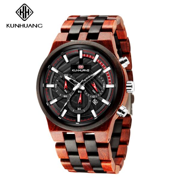 Black Dial Wooden Quartz Watch 6 Hands Luminous Wristwatch Man 1018-3