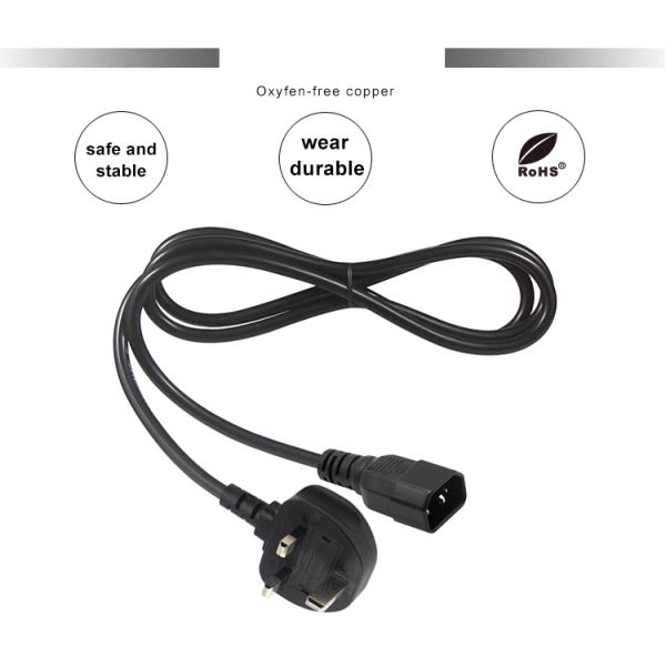 UK 3 Pin Plug to IEC C14 Power Cord 1M Black PVC Copper Cable