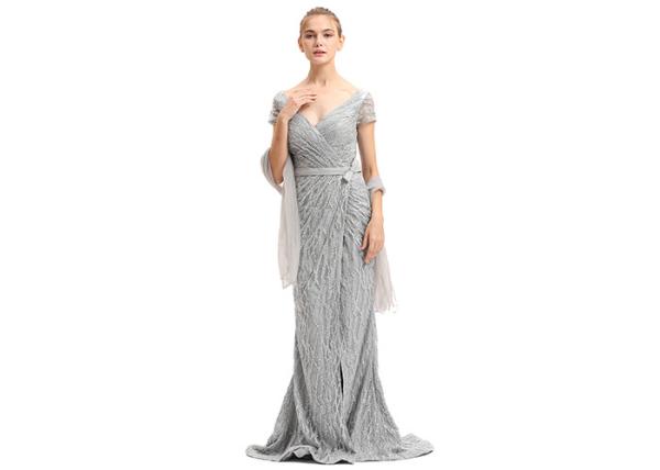 Deep V Neck Bridal Bridesmaid Dresses , Grey Color Ladies Evening Dress With Sash