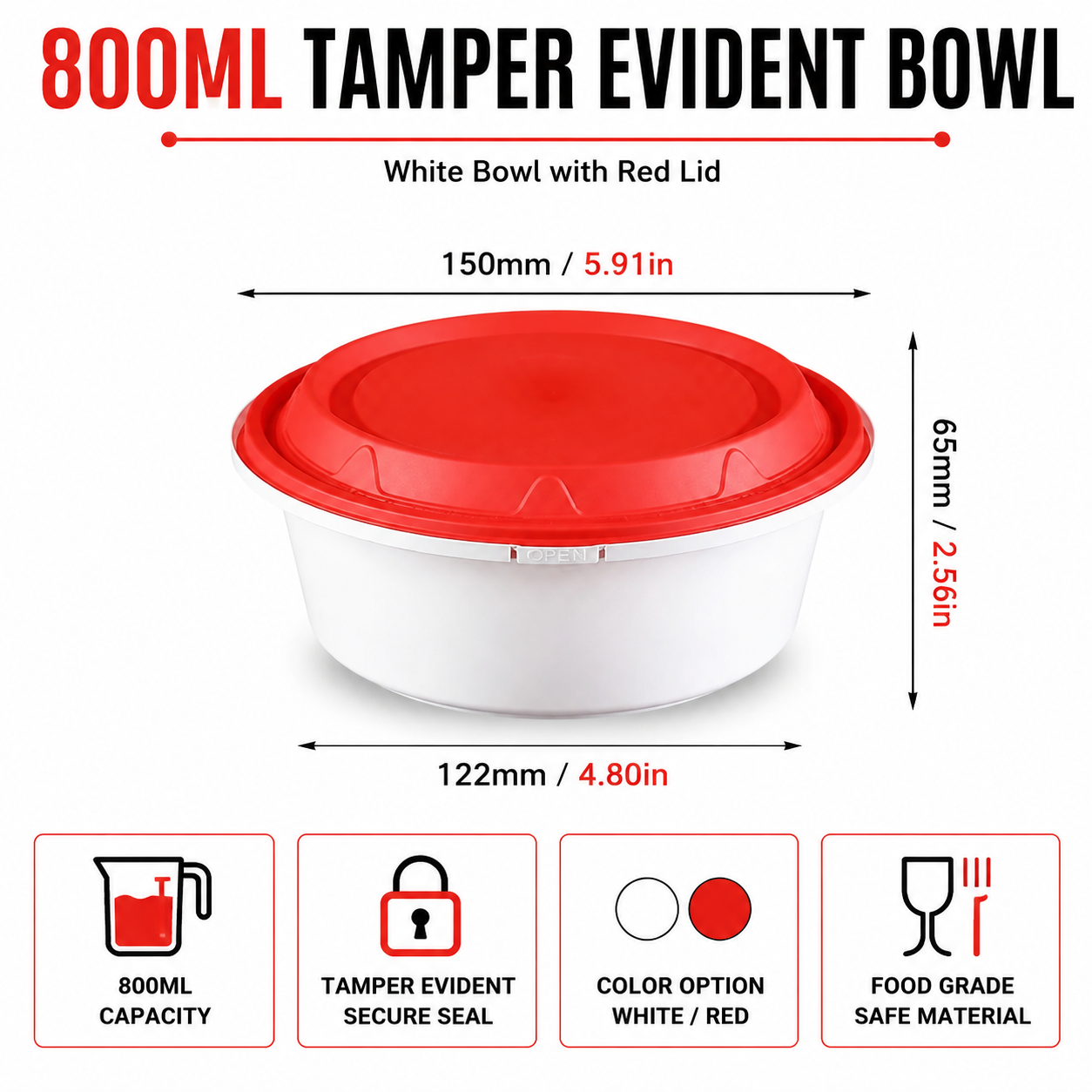 Snap Lock PP Takeaway Soup Bowl 800ml Wide Base with Red Tamper Evident Lid