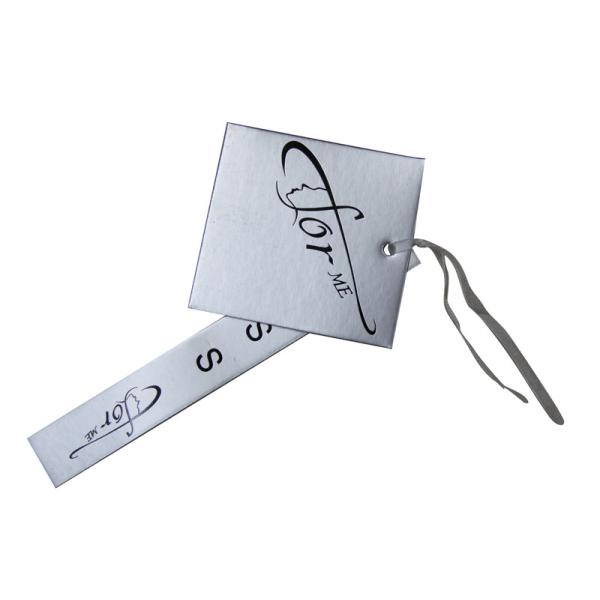 600gsm Cardboard clothing hang tags foil logo with light silvery ribbon